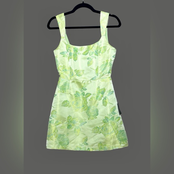 NWT Lulus Brighter Side Light Green Floral Satin Jacquard Mini Dress, XS - Picture 4 of 13